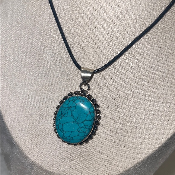 Simulated Turquoise Pendant Necklace - Picture 2 of 8
